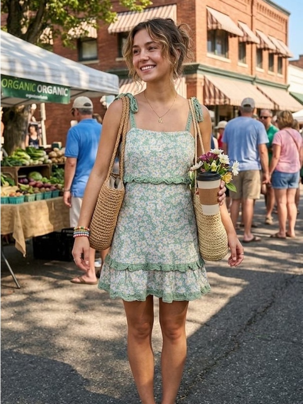 Women’s Floral Tie-Shoulder Mini Dress - Green - Picture 1 of 8